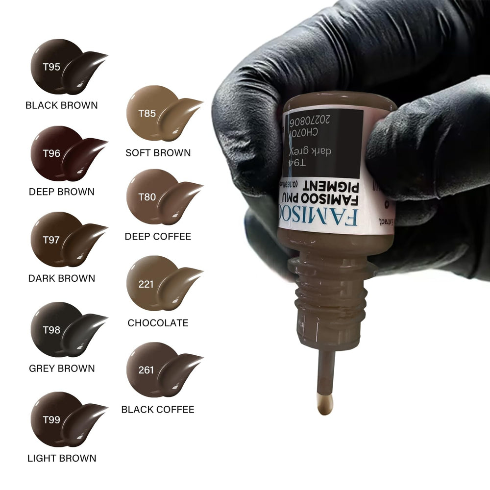 FAMISOO PMU pigments eyebrow bottle label shows color consistency in use