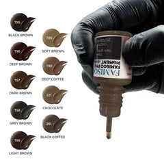 FAMISOO PMU pigments eyebrow bottle label shows color consistency in use