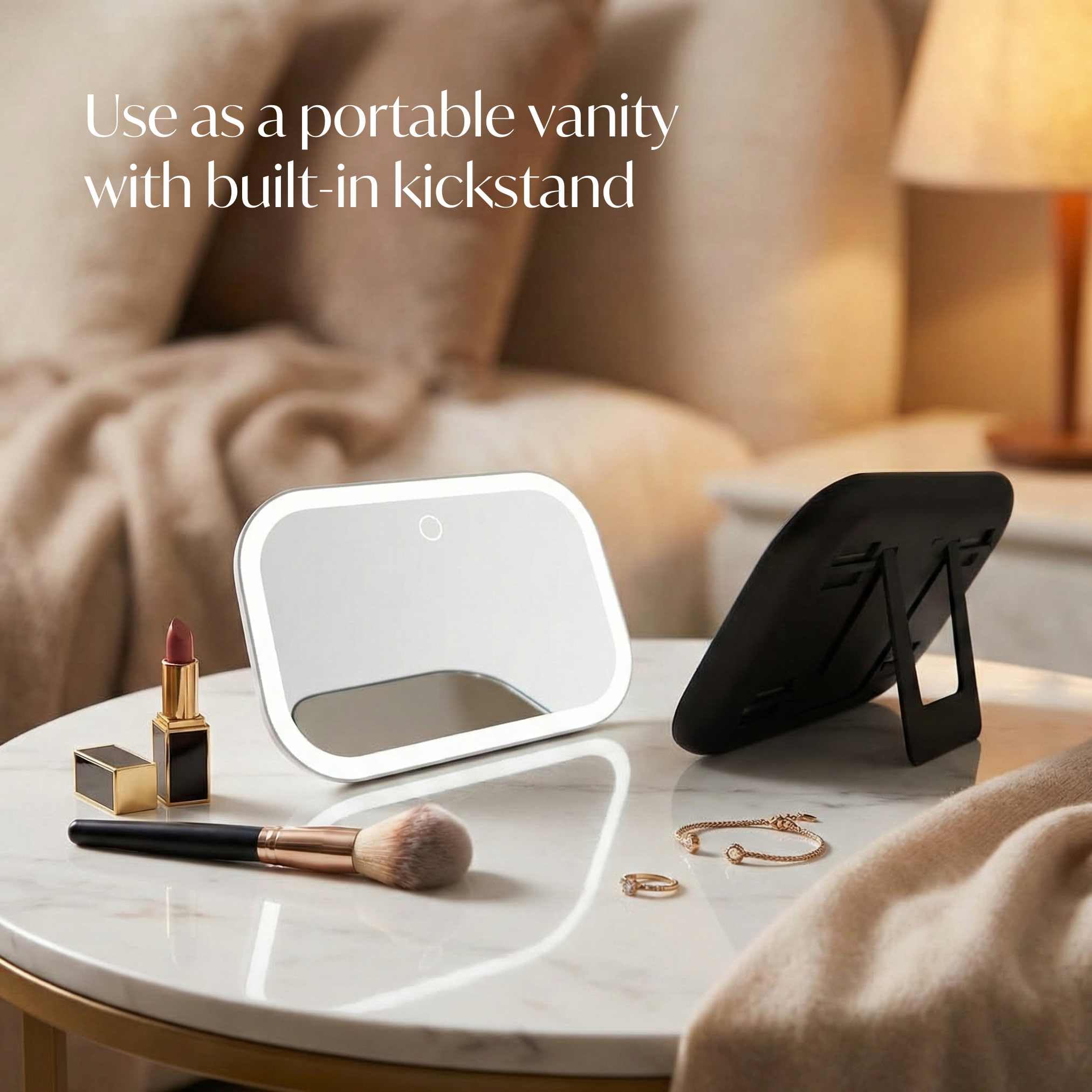 Fancii Juni built-in kickstand turning the mirror into a tabletop vanity