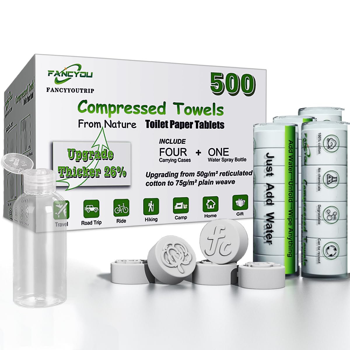 Fancyou compressed coin towel travel pack with four carry cases for on-the-go cleaning