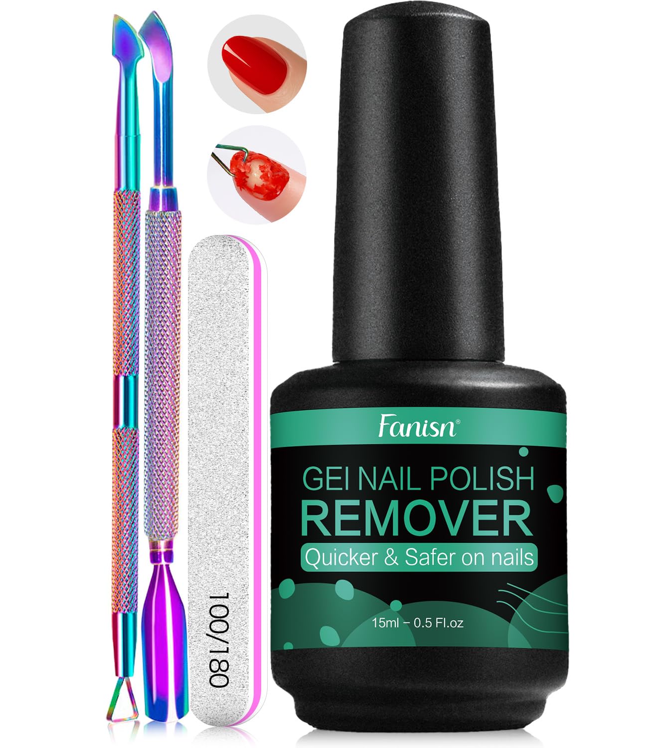Fanisn gel nail remover front view showing acetone-free formula for safe at-home use.