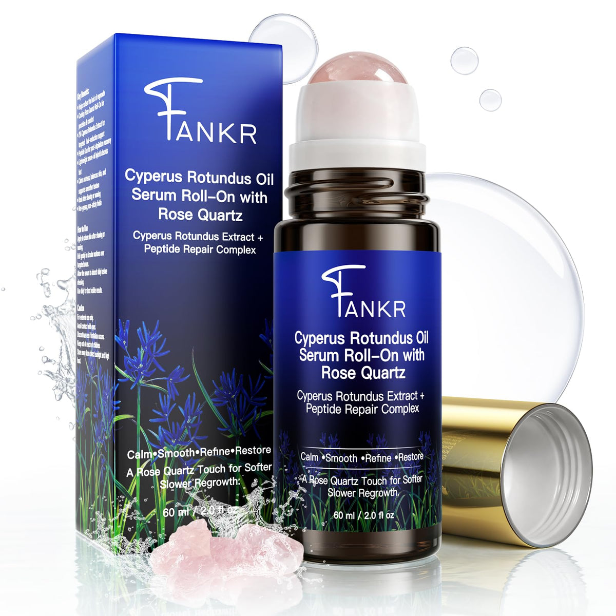 Fankr Cyperus Rotundus Serum Rose Quartz roll-on for precise, cooling post-hair removal care.