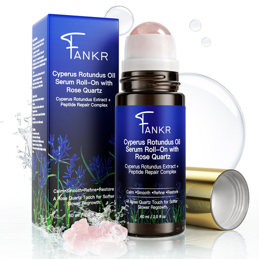 Fankr Cyperus Rotundus Serum Rose Quartz roll-on for precise, cooling post-hair removal care.