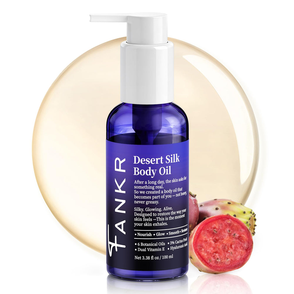 Fankr Desert Silk Body Oil bottle on a shelf with a dry, silky finish.