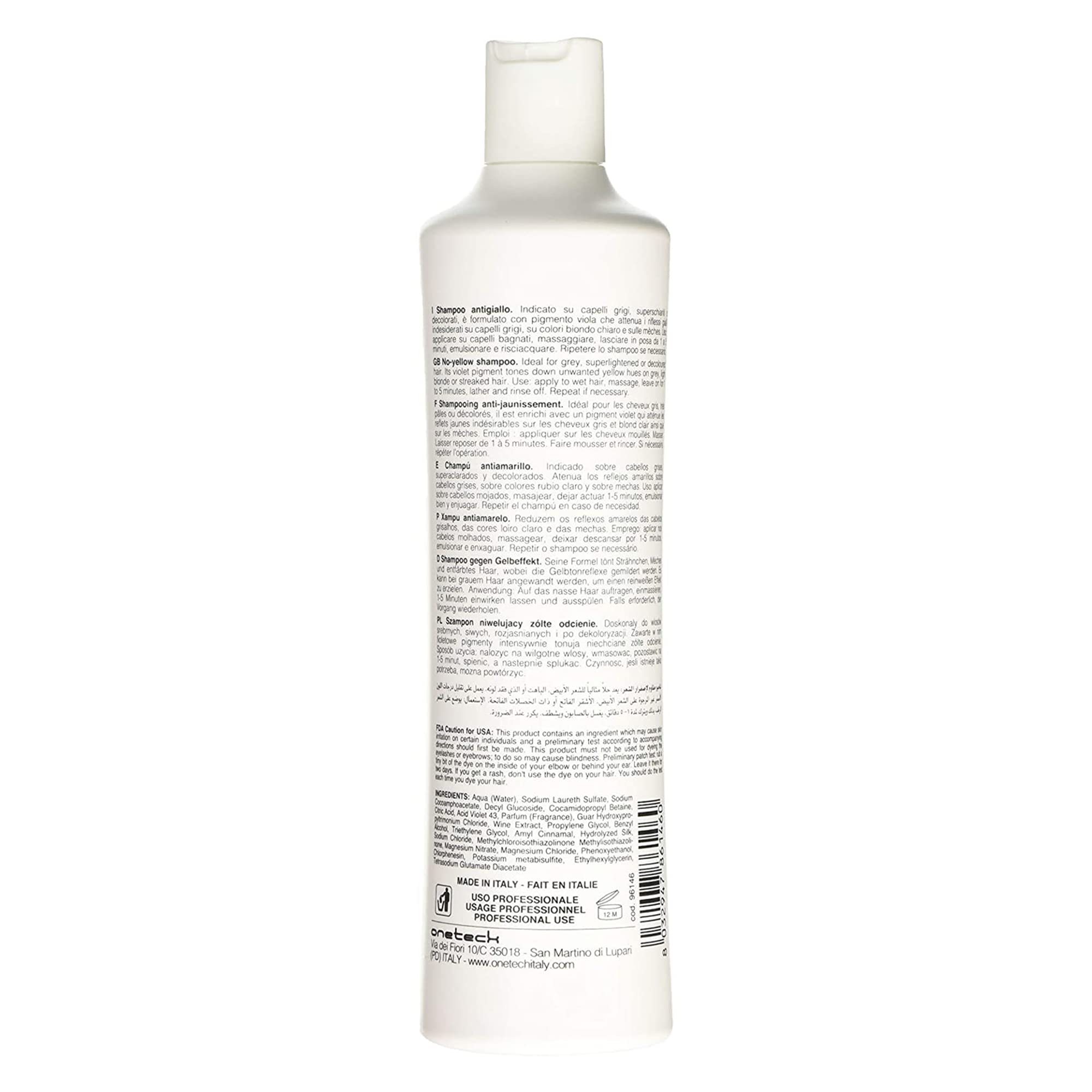 Fanola No Yellow Shampoo bottle back label detail for ingredients and usage.