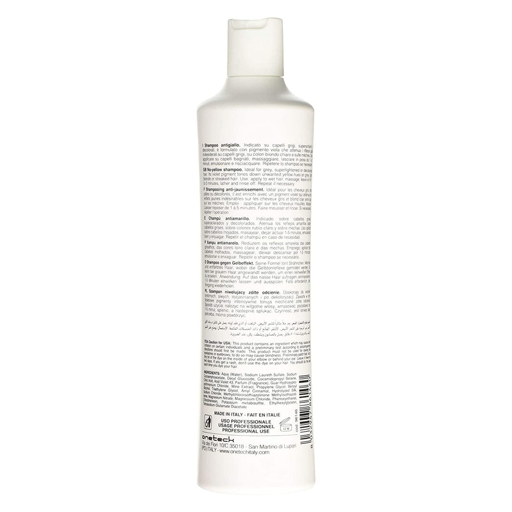 Fanola No Yellow Shampoo bottle back label detail for ingredients and usage.