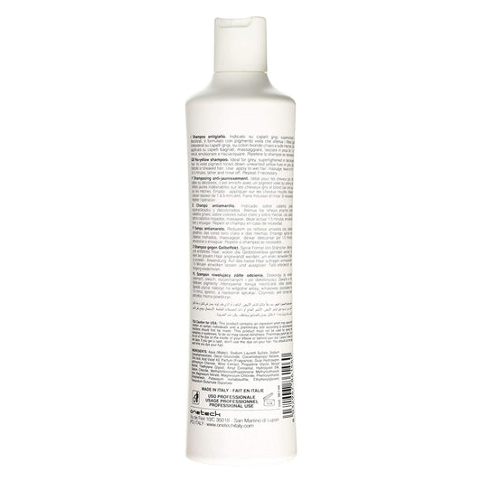 Fanola No Yellow Shampoo bottle back label detail for ingredients and usage.