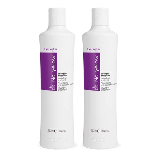 Fanola No Yellow shampoo bottle on shelf neutralizing brassiness for cool tones.