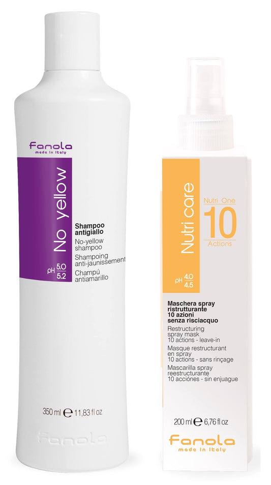 Fanola No Yellow Shampoo bottle showing violet formula neutralizing brassiness.