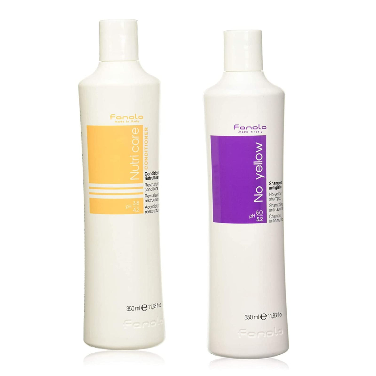Fanola No Yellow Shampoo bottle neutralizes brass tones for cooler blondes.