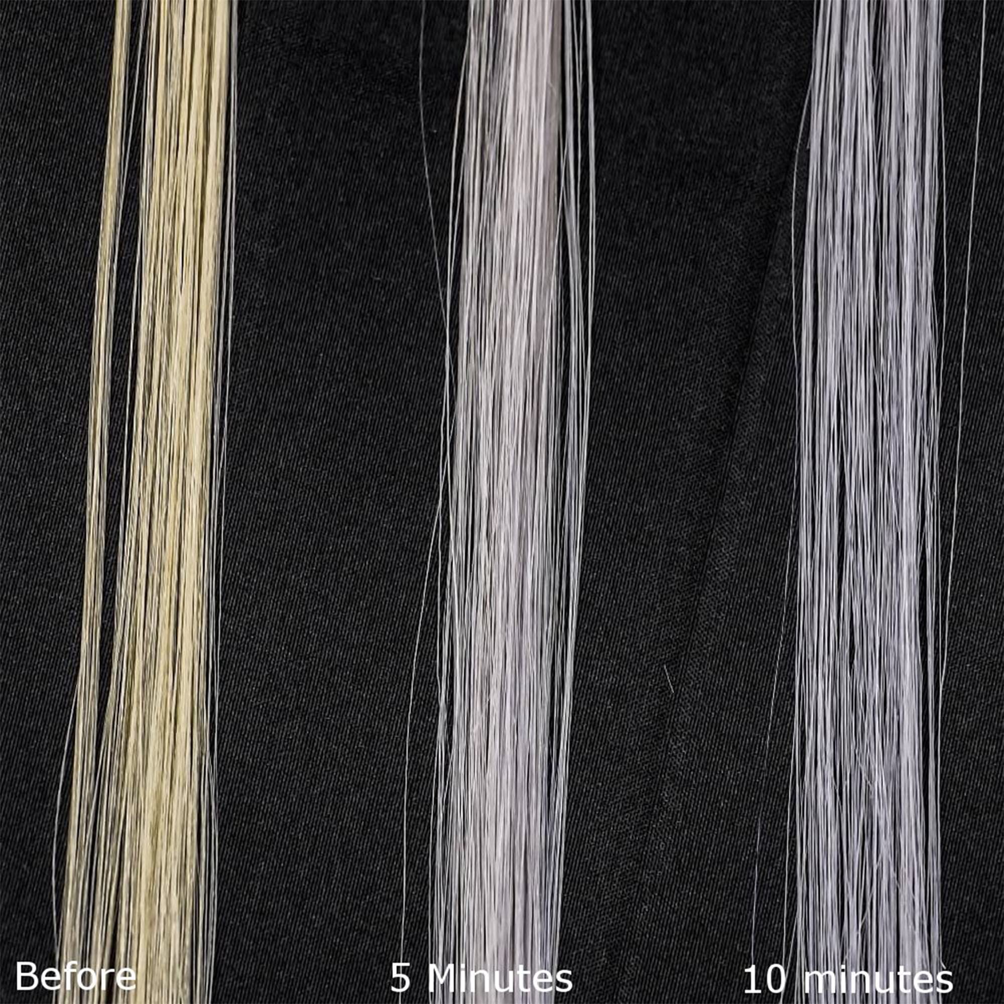 Fanola No Yellow on grey hair shows cooler, more uniform reflections.