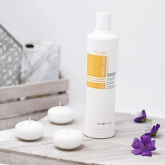 Fanola No Yellow Shampoo packaging on salon shelf.