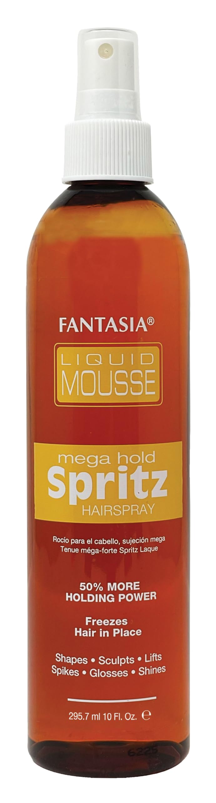 Fantasia Liquid Mousse Spritz Mega Hold bottle showing strong hold and glossy shine.