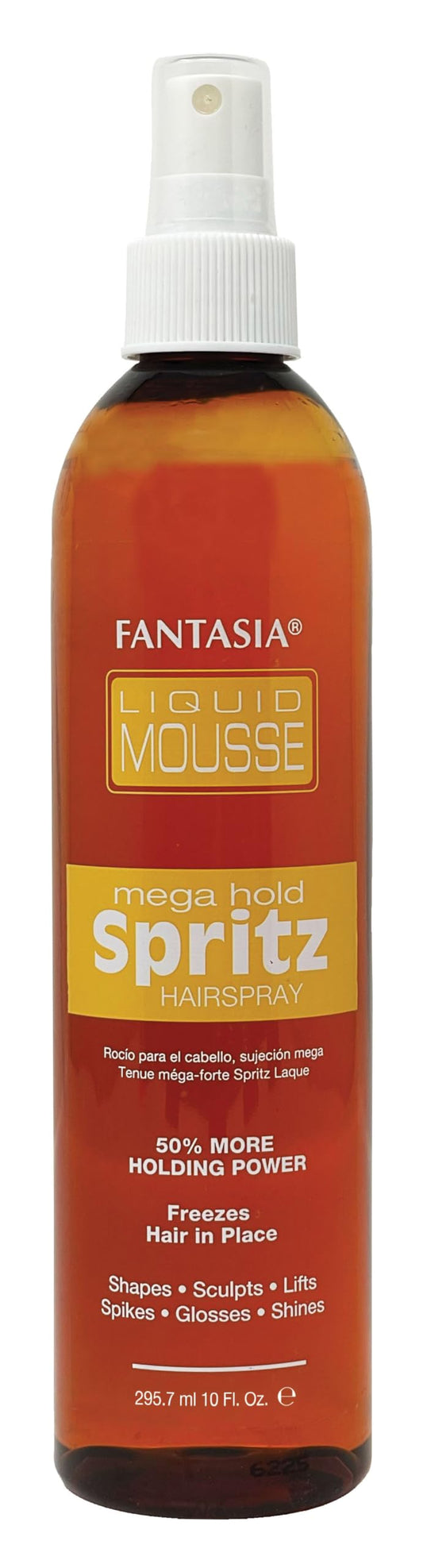 Fantasia Liquid Mousse Spritz Mega Hold bottle showing strong hold and glossy shine.