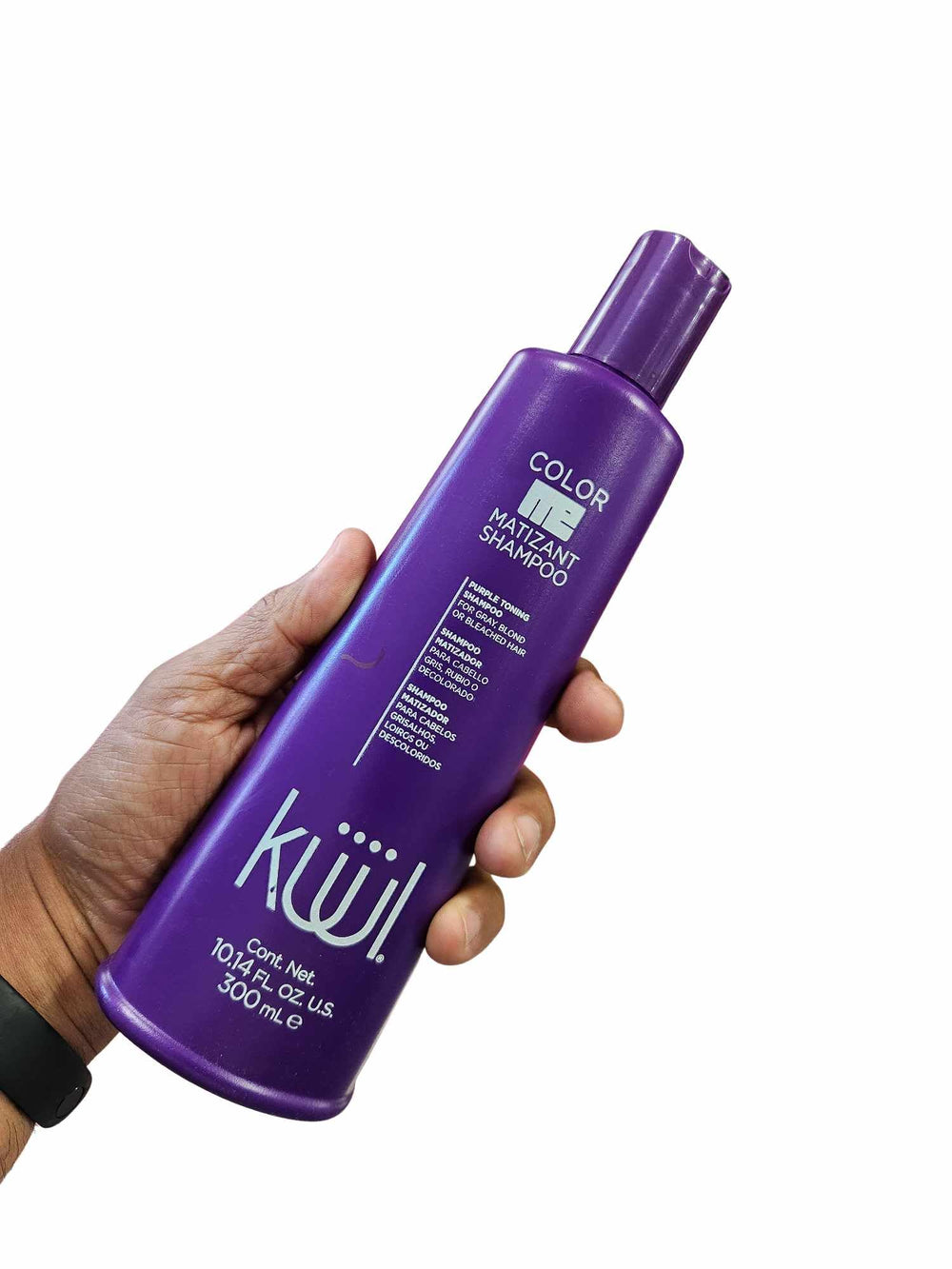 Kuul Matizant Shampoo bottle pour demonstrates easy application for vibrant purple-tinted results