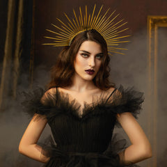 Fantherin Sunburst Goddess Headpiece side angle enhances dramatic photography effects.