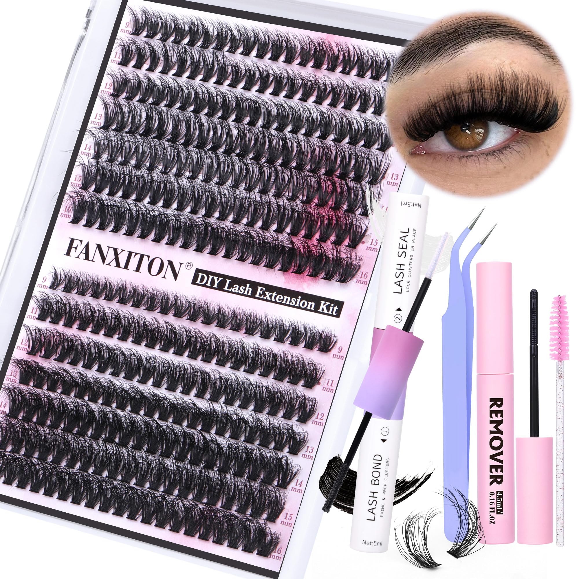 FANXITON DIY lash extension kit with 40D-50D clusters for fluffy mink-like volume.