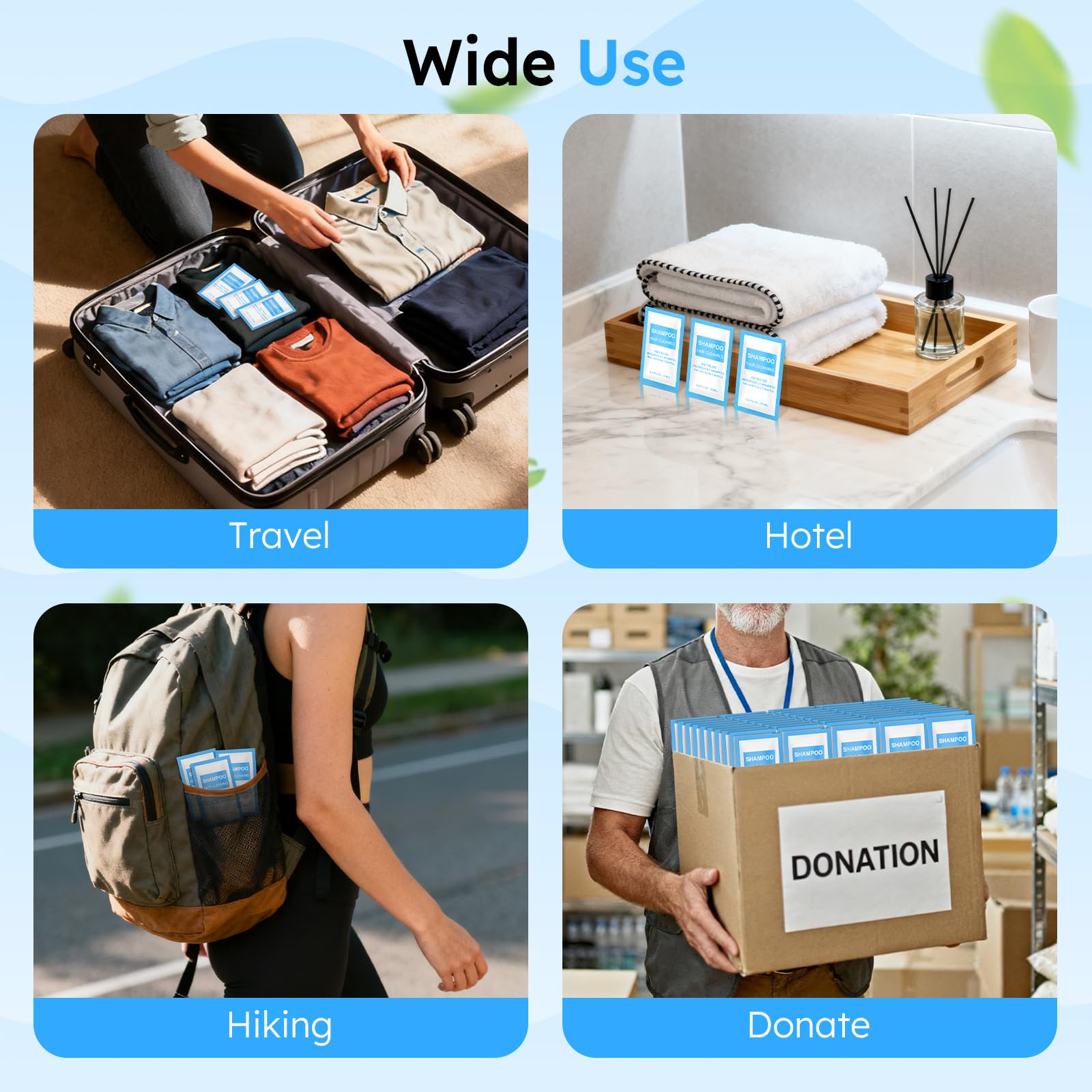 FAOEHN donation-ready shampoo packets support charity care packages.