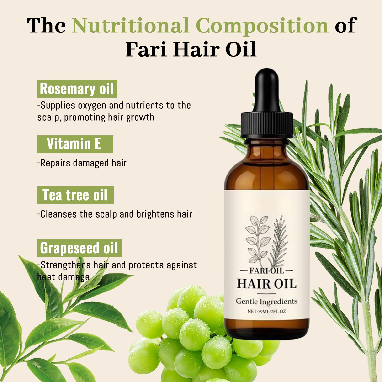 Grape seed oil element in Fari Oil promoting shine and nourishment