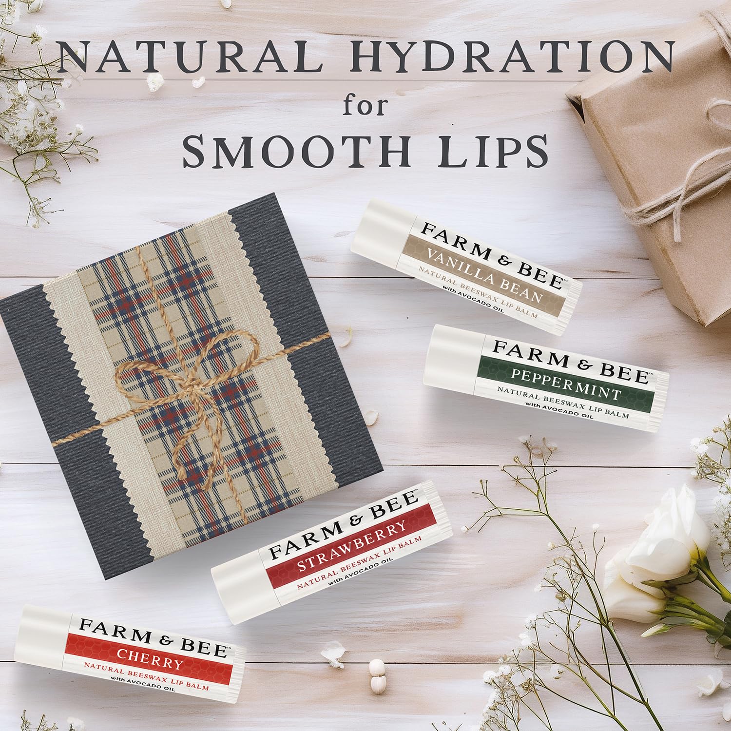 Farm & Bee lip balm being applied for smooth, hydrated lips.