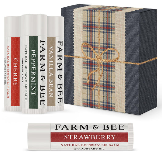 Farm & Bee lip balm pack close-up showing compact tubes for daily moisture.