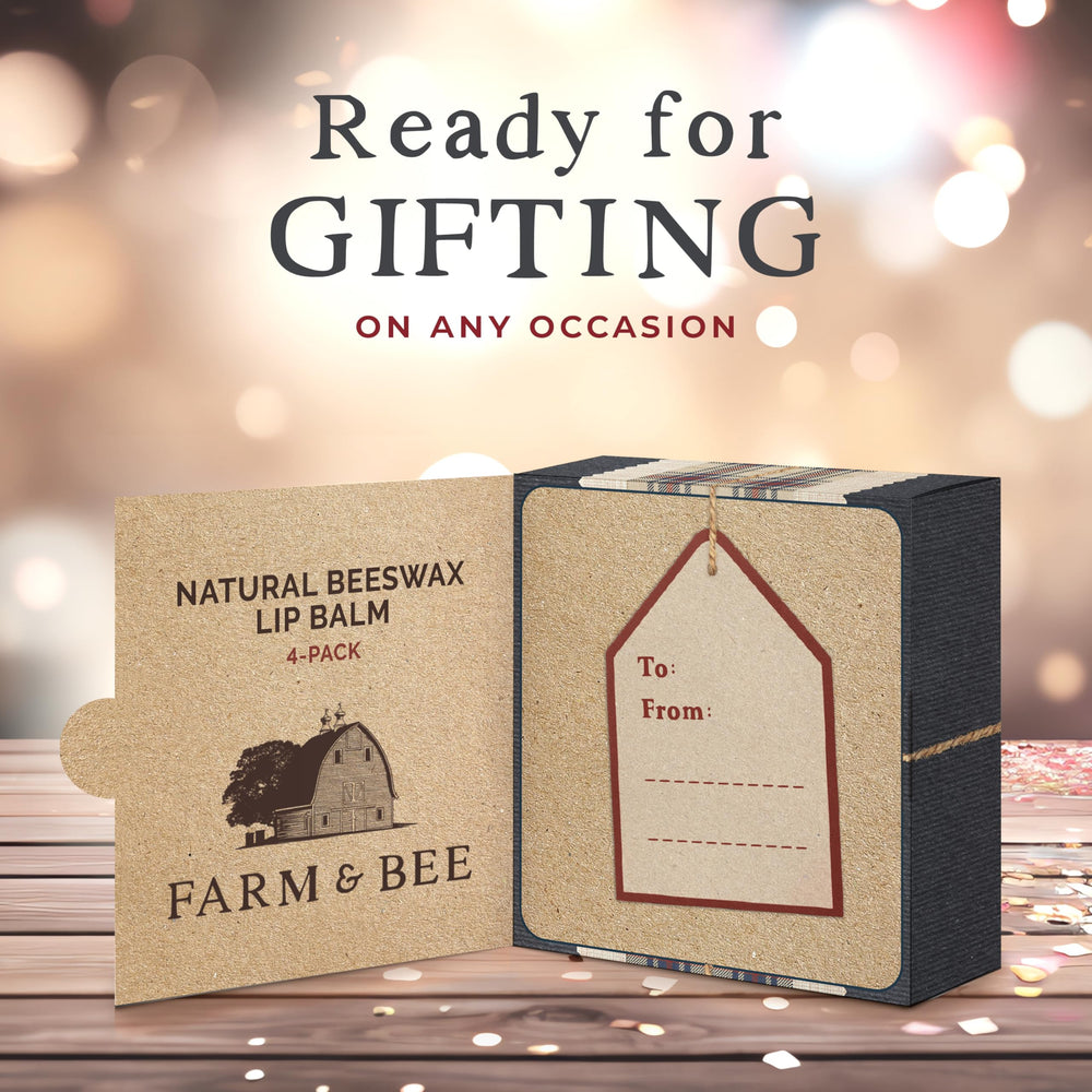 Farm & Bee natural lip balm tubes arranged for easy accessibility.