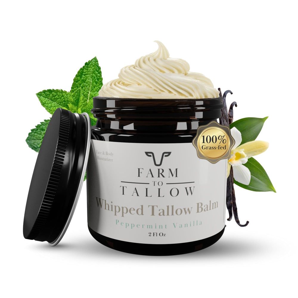 FARM TO TALLOW grass-fed beef tallow moisturizer jar delivers rich hydration.