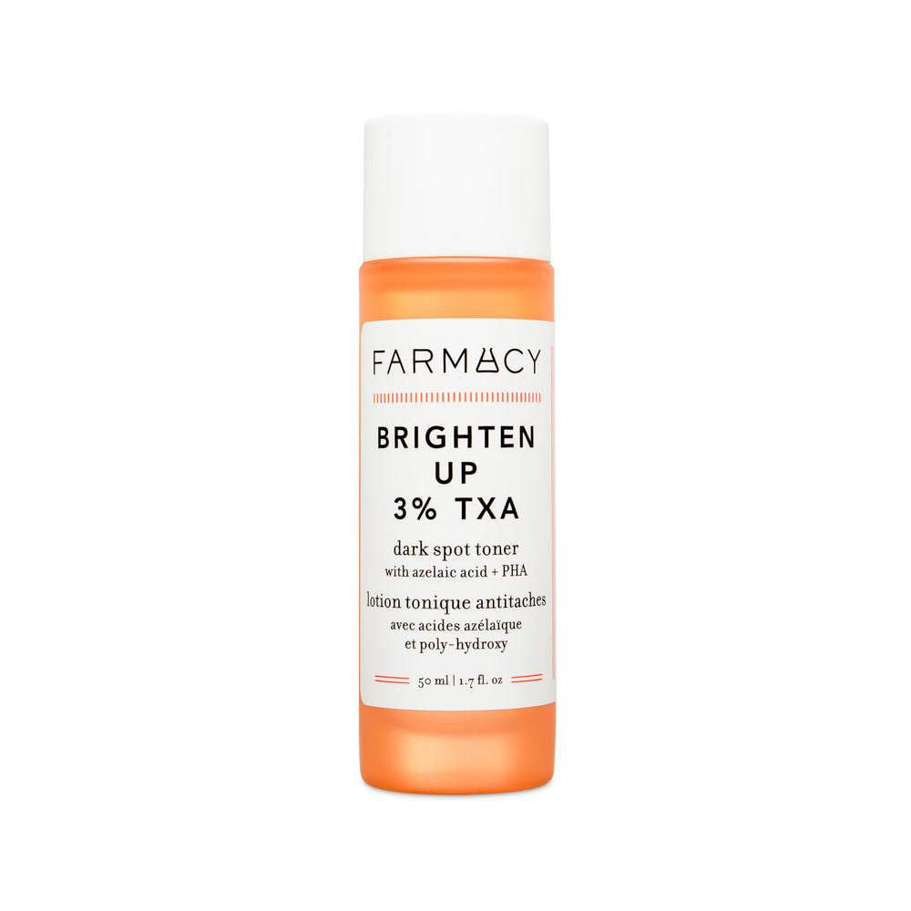 Farmacy 3% TXA brightening toner bottle closeup reveals glow-enhancing formula
