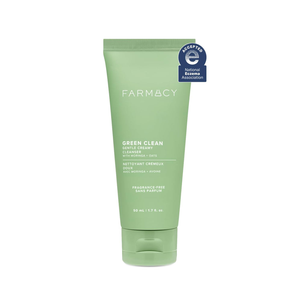 Farmacy Gentle Creamy Face Cleanser bottle close-up shows hydrating formula for sensitive skin.