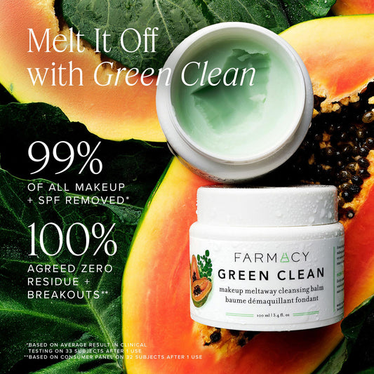 Farmacy Green Clean balm melting makeup for easy removal.