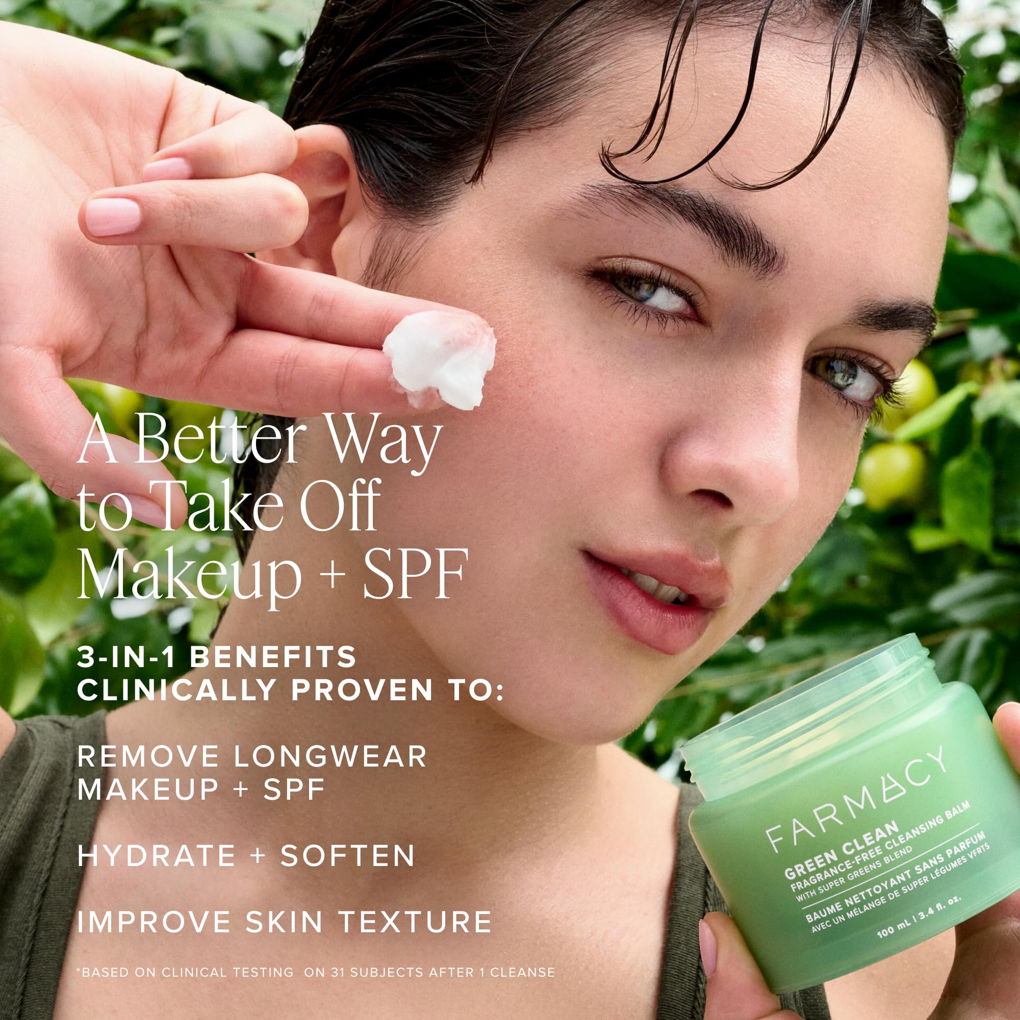 Farmacy Green Clean balm spread on face showcasing soothing hydration