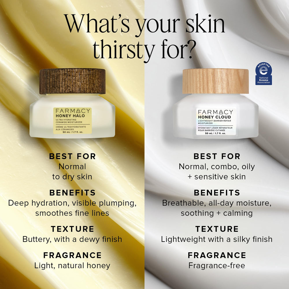 Farmacy Honey Halo buckwheat honey on label highlights soothing, hydrating ingredients.