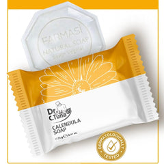 FARMASi calendula soap bar resting on a soap dish highlights natural ingredients.