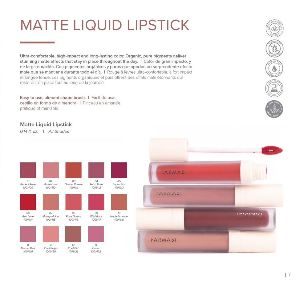 Farmasi Matte Liquid Lipstick Nude Essence lip swatch highlighting shade versatility.