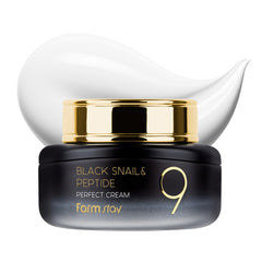 FarmStay Black Snail & Peptide 9 Perfect Cream bottle close-up for daily hydration.