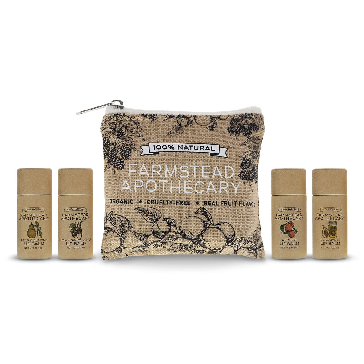 Farmstead Apothecary lip balm gift set with reusable pouch for travel hydration.