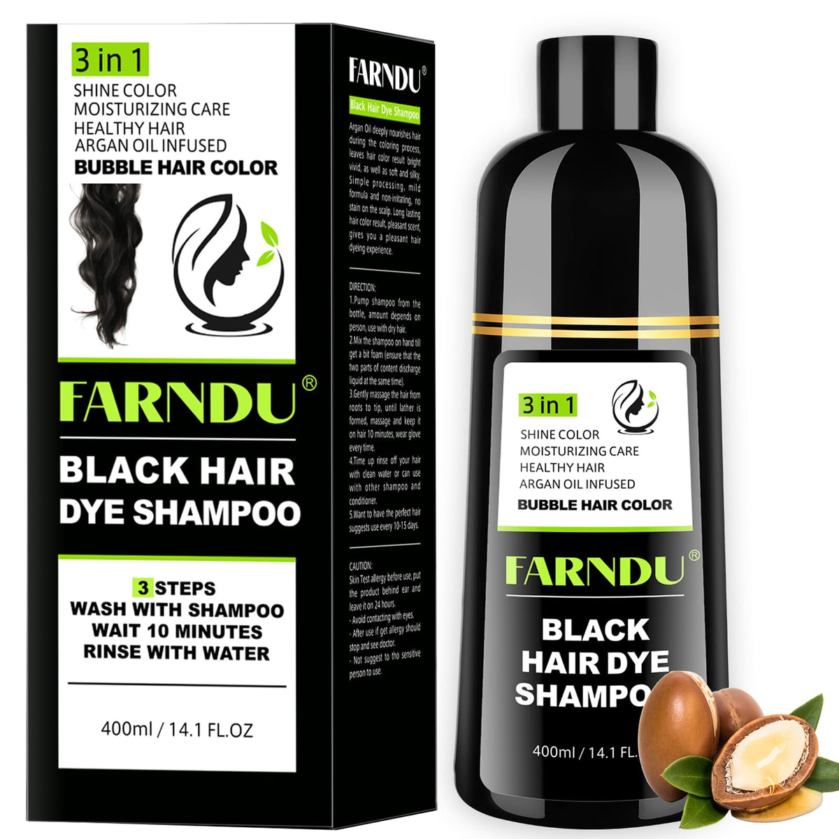 Farndu Black Hair Dye Shampoo shows gray hair coverage for a natural look.
