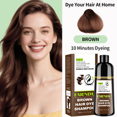 Close-up of Farndu Brown Hair Dye Shampoo being applied to dry hair for quick color.