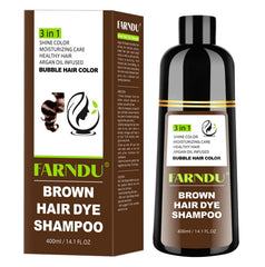 Farndu Brown Hair Dye Shampoo bottle with pump for easy application and even coverage.