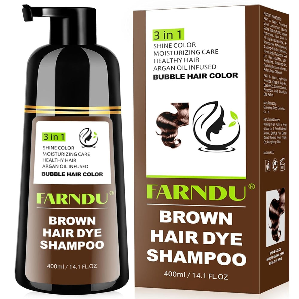 Farndu Brown Hair Dye Shampoo bottle highlighting 3-in-1 color and conditioning benefits.