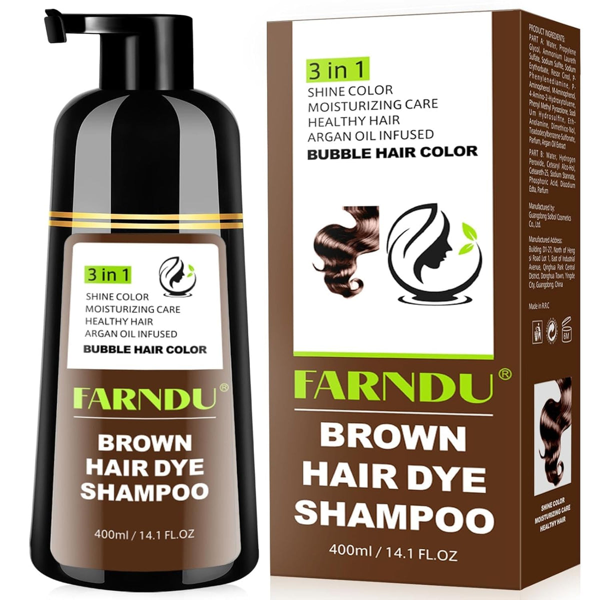 Farndu Brown Hair Dye Shampoo bottle highlighting 3-in-1 color and conditioning benefits.