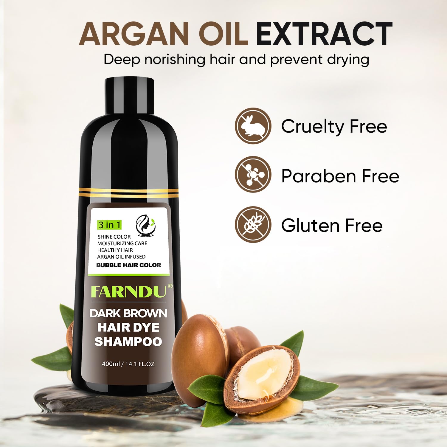Farndu Dark Brown Hair Dye Shampoo ammonia-free formula gentle results.