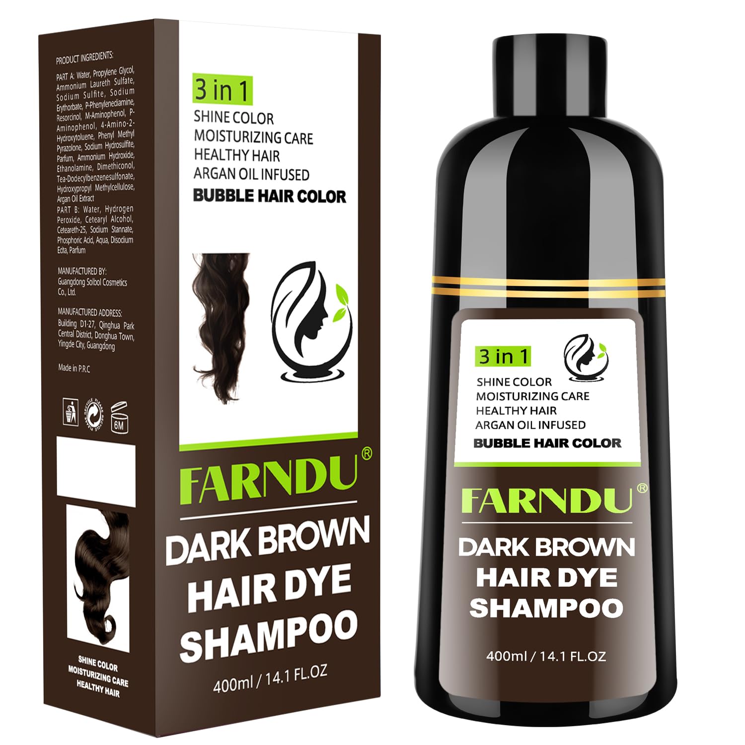 Farndu Dark Brown Hair Dye Shampoo application shows easy at-home color.