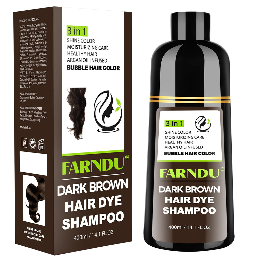 Farndu Dark Brown Hair Dye Shampoo application shows easy at-home color.