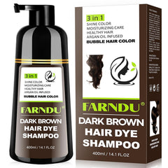 Farndu Dark Brown Hair Dye Shampoo bottle pour for easy at home color