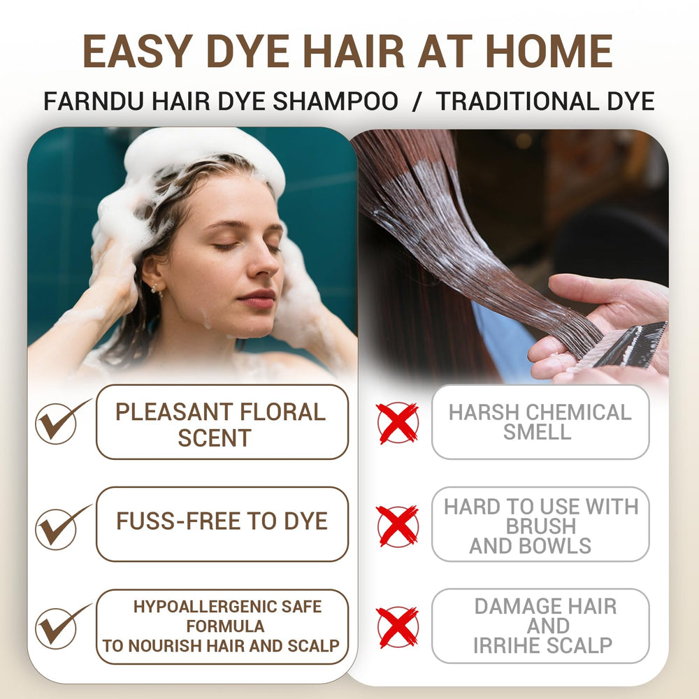 Farndu Dark Brown Hair Dye Shampoo creamy lather for even coverage.