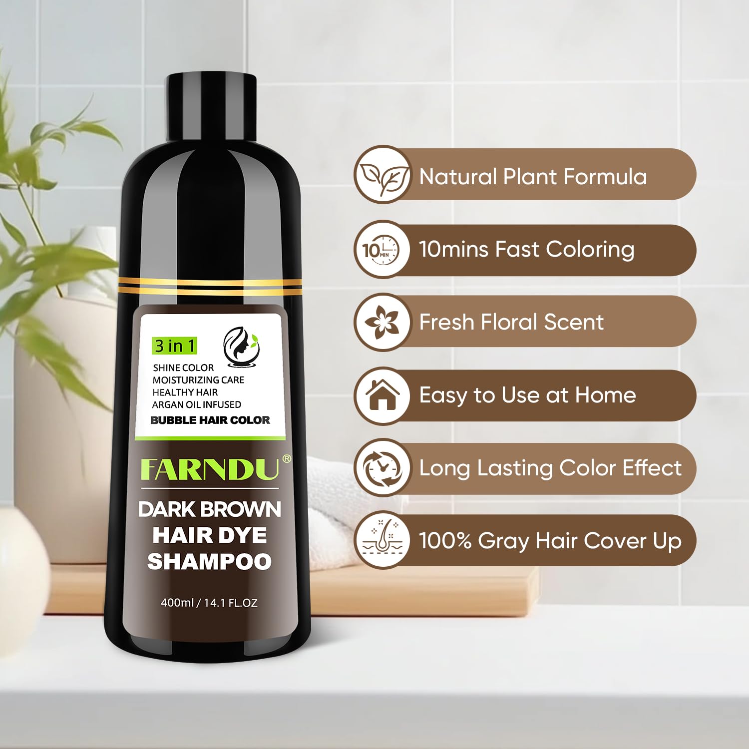 Farndu Dark Brown Hair Dye Shampoo color lasting up to 180 days.