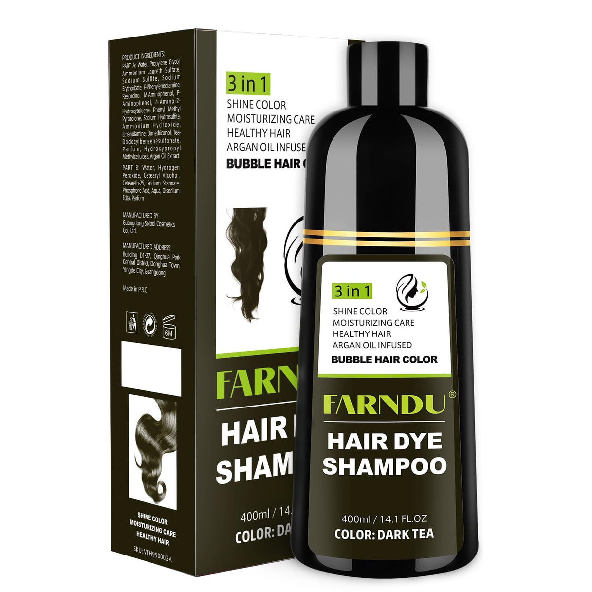 Farndu Dark Tea Hair Dye Shampoo bottle showing natural gray coverage