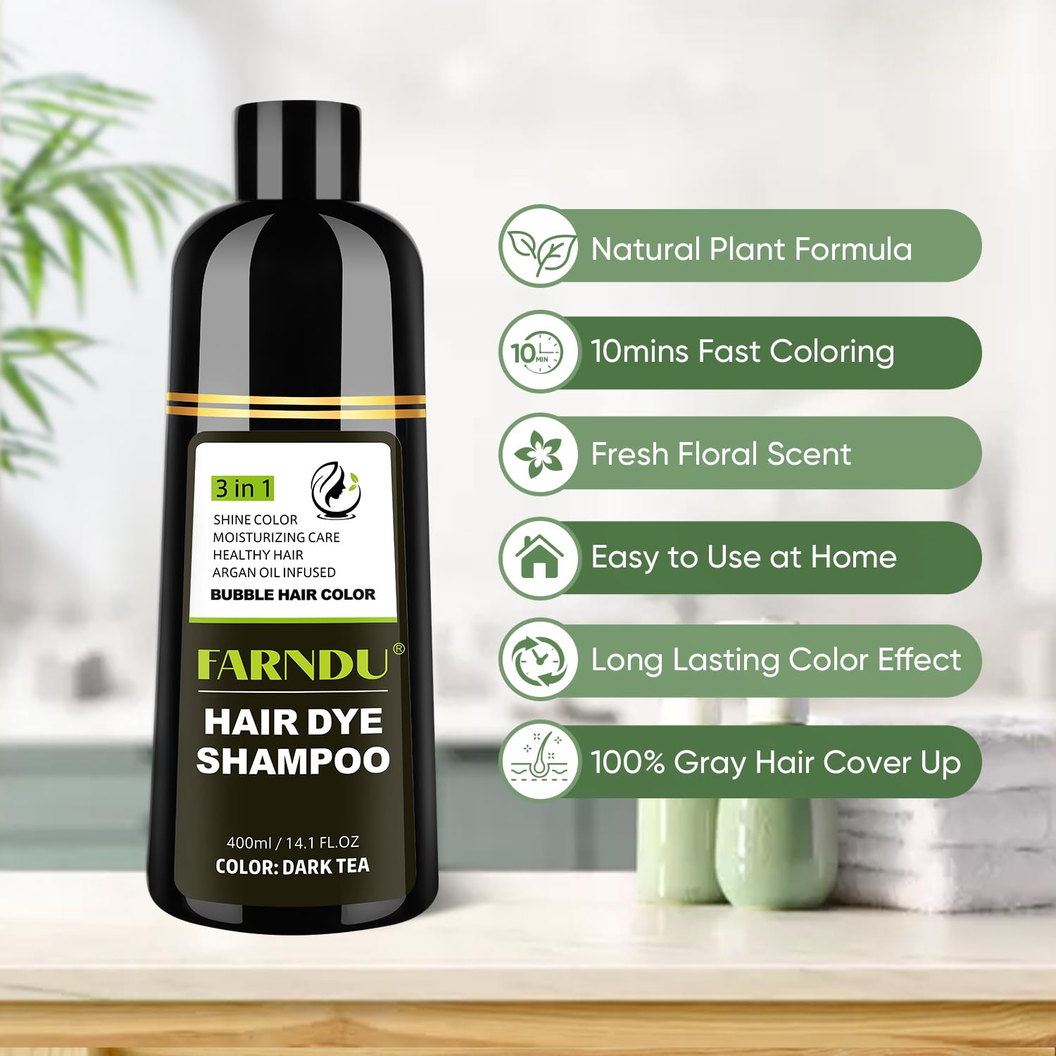 Farndu shampoo pump dispenses 3-in-1 color, cleanse, and condition