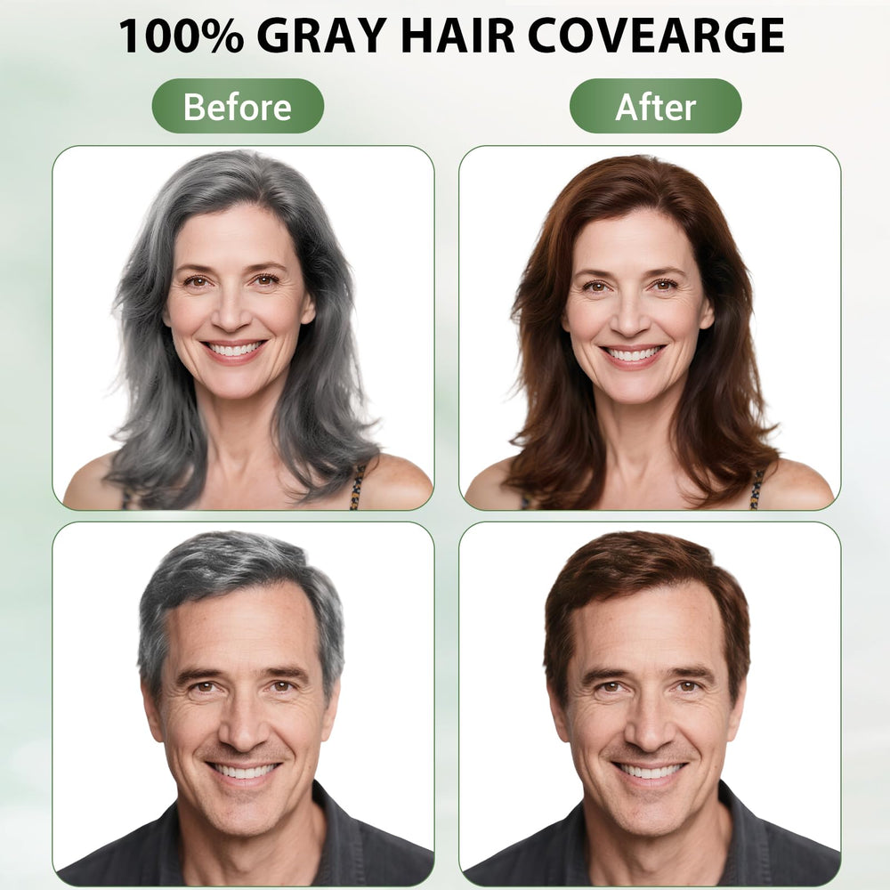 Farndu Brown Hair Dye Shampoo swatch showing complete gray hair coverage visualization.